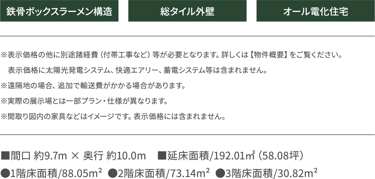 鉄骨ボックスラーメン構造 総タイル外壁 オール電化住宅　※表示価格の他に別途諸経費（付帯工事など）等が必要となります。詳しくは【物件概要】をご覧
　ください。表示価格に太陽光発電システム、快適エアリー、蓄電システム等は含まれません。
※遠隔地の場合、追加で輸送費がかかる場合があります。  
※実際の展示場とは一部プラン・仕様が異なります。  
※間取り図内の家具などはイメージです。表示価格には含まれません。■間口 約9.7m × 奥行 約10.0m　■延床面積/192.01㎡（58.08坪）