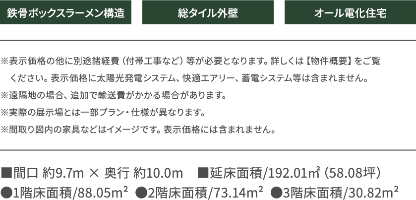 鉄骨ボックスラーメン構造 総タイル外壁 オール電化住宅　※表示価格の他に別途諸経費（付帯工事など）等が必要となります。詳しくは【物件概要】をご覧
　ください。表示価格に太陽光発電システム、快適エアリー、蓄電システム等は含まれません。
※遠隔地の場合、追加で輸送費がかかる場合があります。  
※実際の展示場とは一部プラン・仕様が異なります。  
※間取り図内の家具などはイメージです。表示価格には含まれません。●1階床面積/88.05m²  ●2階床面積/73.14m²  ●3階床面積/30.82m²